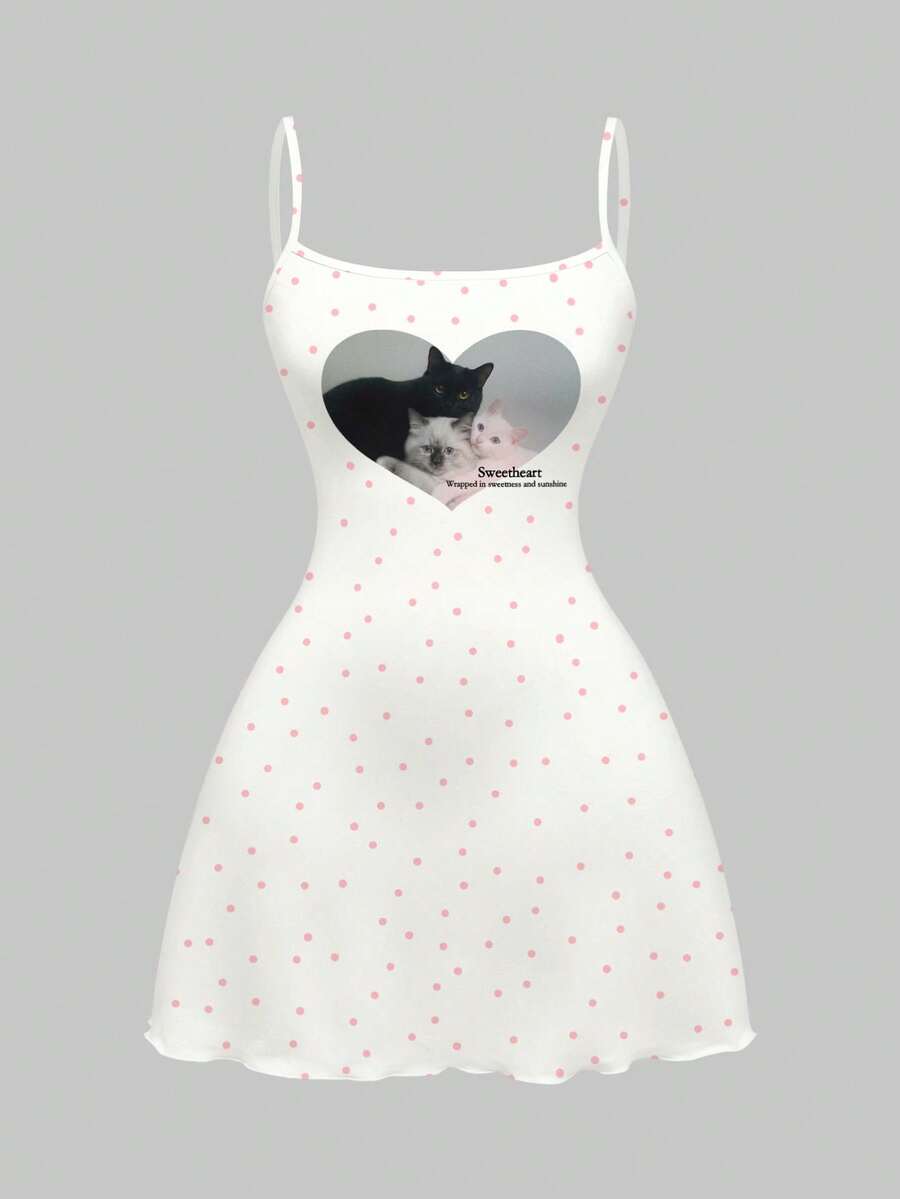 ROMWE Kawaii 可爱波点爱心印花迷你连衣裙，春夏学院风 - 白色 - 查看 1