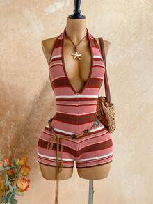 SHEIN WYWH 女士夏季度假条纹彩色露背吊带连体裤 - 彩色 - 查看 7