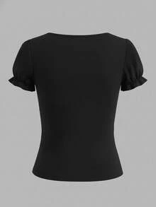 SHEIN Blusa Casual Feminina com Recortes em Renda e Blocos de Cor, Verão - Preto - Visão 5