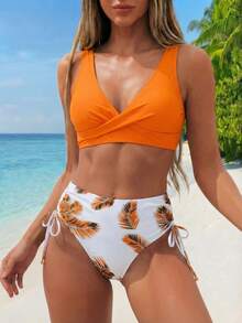 Swim Lushoire Tropical Print Drawstring Side Bikini Set Summer Beach Clothes, Bathing Suit - Multicolor - View 1