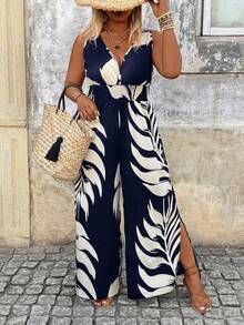 Breezaya Plus Size Colorblock Printed Sleeveless Jumpsuit - Navy Blue - View 1
