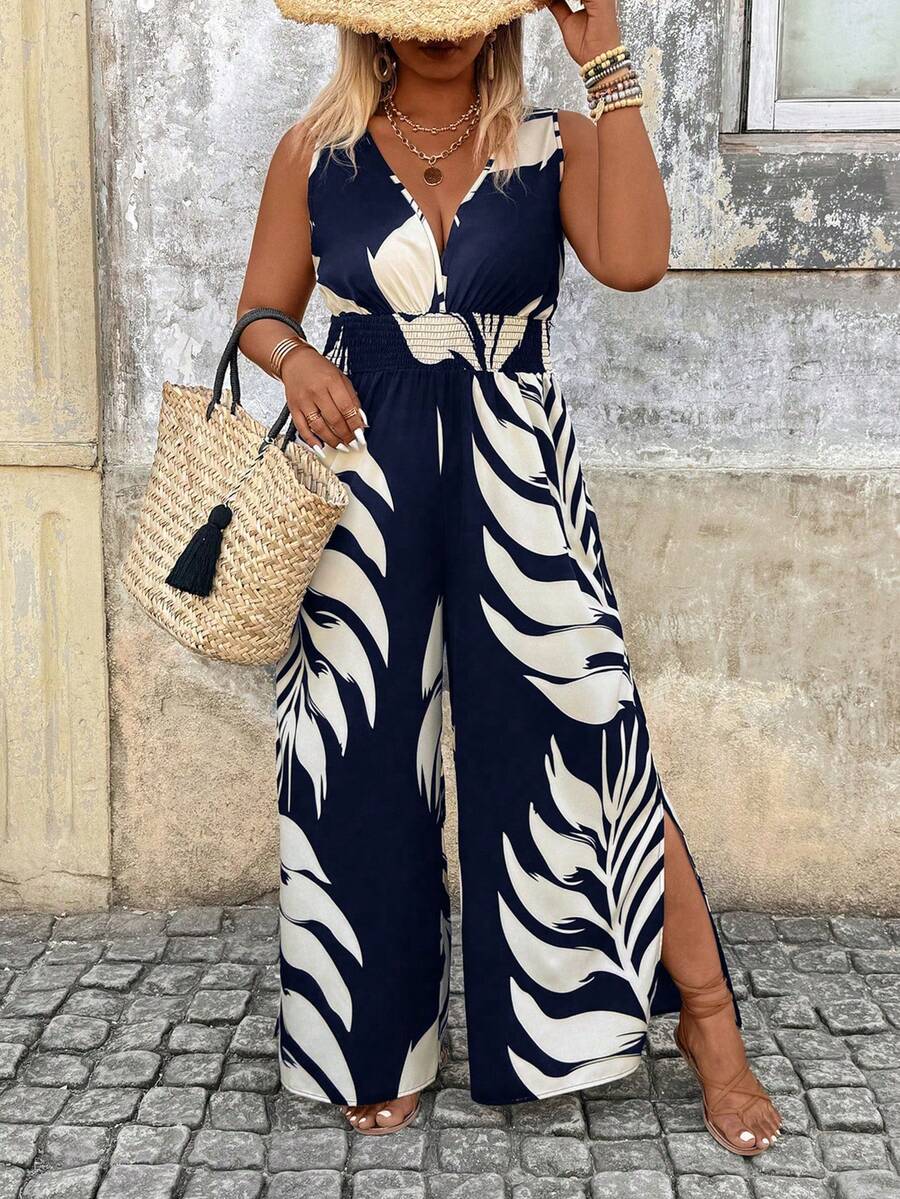 Breezaya Plus Size Colorblock Printed Sleeveless Jumpsuit - Navy Blue - View 1