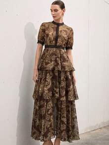 Aveloria Modichic New Arrival French Hollow Floral Lace Patchwork Multi-Layer Flared Dress, Chiffon Printed Short Sleeve Dress - Brown - View 3