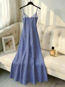 Franclia Vestido de tirantes con cuello en V y rayas para mujer - Azul Marino - Ver 2