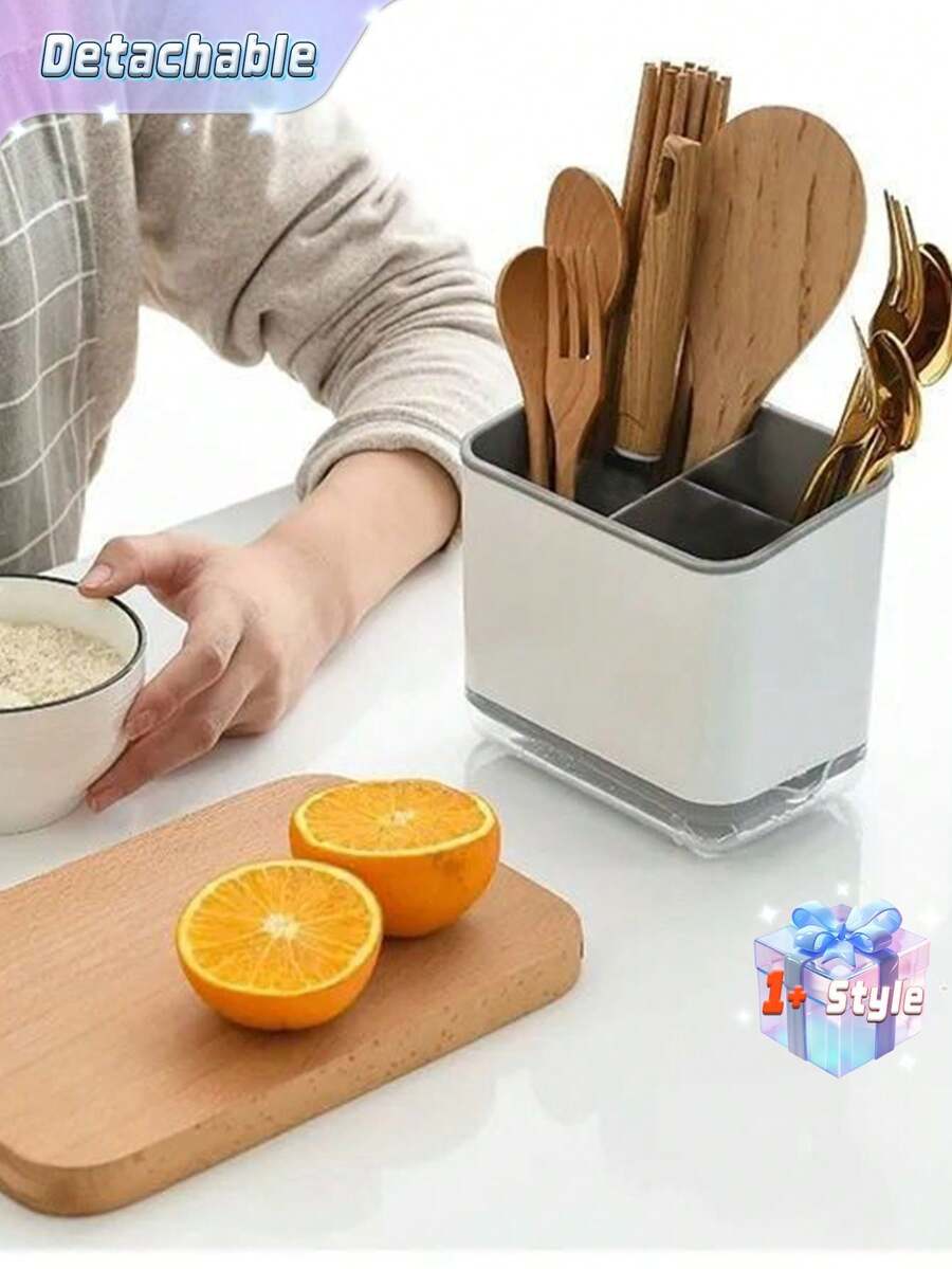 1pc Kitchen Tableware Drain Rack, Tableware Storage Box, Drain Rack, Made Of Pp Material, Removable, Has Three Compartments, Suitable For Kitchens And Restaurants, Can Be Used To Store Chopsticks, Forks, Spoons, Sponges, Brushes - Multicolor - View 1