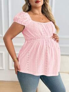 SHEIN 孕妇加大码方领花瓣袖系带荷叶边夏季上衣 - 粉色 - 查看 3