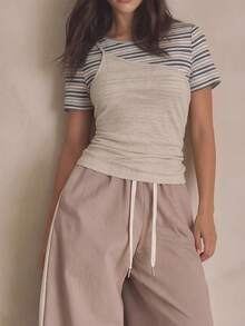 Aidyla White Striped Patchwork 2 In 1 Sexy Basic Casual Summer Top For Women Golf - Multicolor - View 1