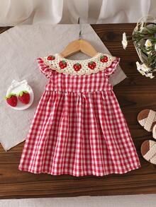 Souflis Souflis Toddler Girls' Soft & Sweet Strawberry Embroidery Lace Collar Plaid Cap Sleeve A-Line Dress. Symmetrical Bow Decor At Waist, Breathable Cotton Fabric, Cute Outfit For Everyday Wear, Birthday Party, Family Gathering, Suitable For 0-3 Years Old - Red - View 3