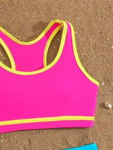SHEIN Tween Girl Contrast Color Round Neck Crop Top And Triangle Bottoms Bikini Set - Multicolor - View 3