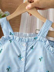 SHEIN Playful Pals 2026春夏新款女童可爱柠檬印花荷叶边吊带上衣和裤子两件套，面料柔软，时尚度假/旅行必备，夏季休闲装 - 藍色 - 查看 6