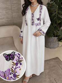 Women's V-Neck Floral & Butterfly Embroidery Pattern Casual Loose Fit Party & Outing Arabic Style Dress - White - View 4