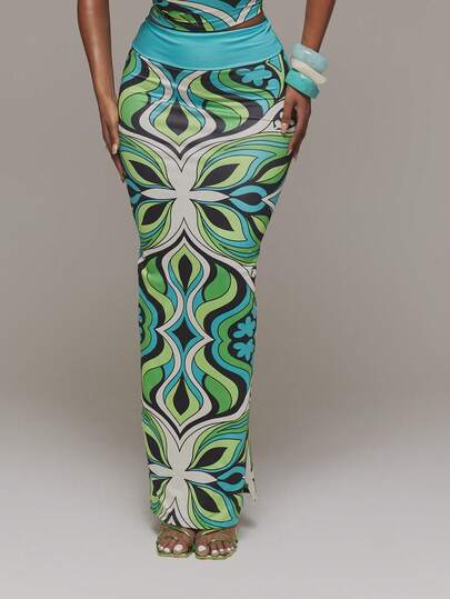 MUSERA Chân váy maxi ôm sát in họa tiết, mềm mại, thích hợp cho mùa xuân hè, lễ hội Ibiza, kỳ nghỉ, dễ thương, gợi cảm, phong cách Y2K, đi chơi đêm, câu lạc bộ, nhiệt đới, quyến rũ.