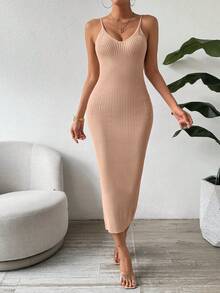 SHEIN Clasi 休闲纯色修身针织吊带连衣裙 - 駝色 - 查看 7