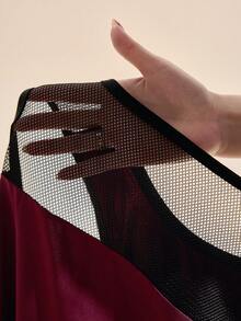 Powerista Women's Semi-Sheer Black & Red Mesh Splice Sports Tank Top - Burgundy - View 8