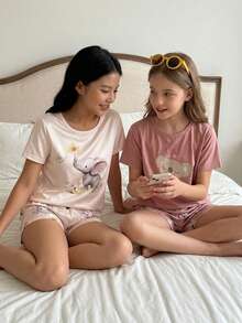2 pièces/Set Pyjama décontracté pour filles avec short et Top à manches courtes imprimé ours, rose clair - Multicolore - Voir 4