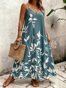 EMERY ROSE Plus Size Women's Deep V-Neck Spaghetti Strap Maxi Dress,Light Teal Botanical Print,Loose Fit,Boho,Summer,Beach,Holiday Vacation Daily Wear - Teal Blue - View 4