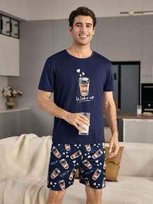 CoupledUp Bộ đồ ngủ nam thường ngày in hình cốc cà phê - Màu xanh hải quân - Xem 5