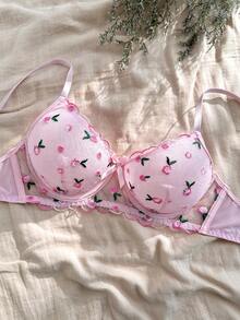 CottageSlumber Women's Sweet Fashion Floral Embroidery Lace Patchwork Bow Decor Bra - Pink - View 4