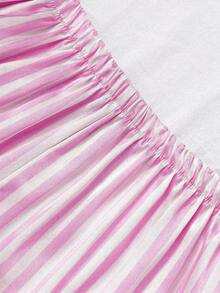 SHEIN Bộ đồ ngủ nữ 3 món bằng cotton màu trắng phối sọc tương phản, cài cúc phía trước, gồm áo tay ngắn, quần short và quần dài, thoải mái, thích hợp mặc ở nhà. - Hồng - Xem 3