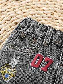 SHEIN Baby Boy Distressed Graphic Print Casual Denim Shorts - Grey - View 4