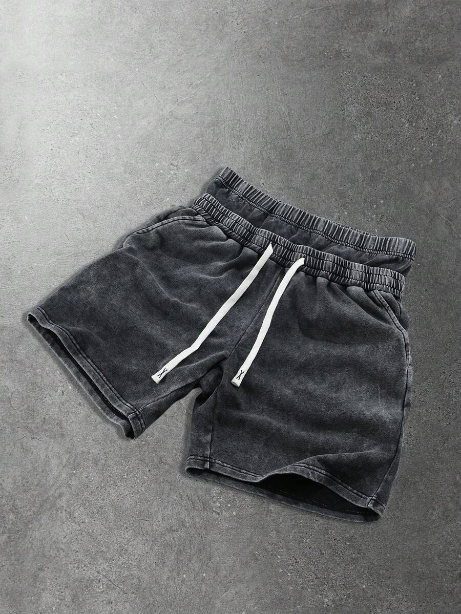 ROMWE MEN Men's Street Style American Design Spliced Waistband Snow Wash Shorts - Black - View 1