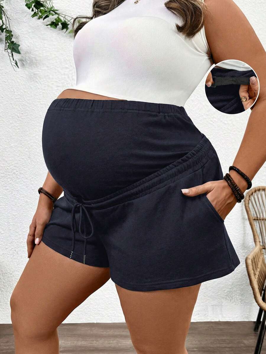 Plussiva 大码孕妇纯色弹力腰带口袋休闲夏季下装 - 藏蓝色 - 查看 1