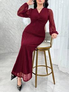 Modelyn 女士优雅派对纯色蕾丝扭结长裙 - 酒紅色 - 查看 6