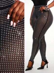 Radiana Plus Size Women's Rhinestone Embellished Casual Versatile Skinny Leggings, Suitable For Spring & Summer Black See Through Leggings Fishnet Leggings Black Mesh Pants Black See Through Tights Rhinestone Leggings Leggings For Women High Waisted Sexy Versatile Luxury Outfits - Black - View 3