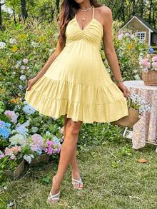 Lyckli Maternity Vacation Fashionable Ruffle Hem Halter Tie Waist Dress - Yellow - View 3