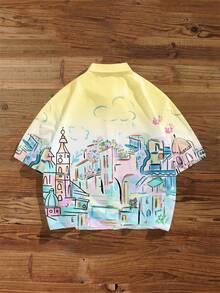 Manfinity Joysei Camisa holgada con estampado de paisaje de playa casual de verano para hombres - Amarillo claro - Ver 2