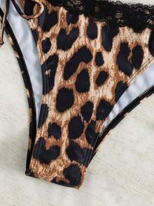 Swim Mod Women's Leopard Print Lace Trim Sexy V-Neck Halter Fashion Bikini Set For Beach Music Festival, Spring/Summer - Multicolor - View 3