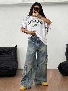 Coolane Women's Street-Style Y2K Cool Event Letter Printed Color-Blocked Short Sleeve Black T-Shirt - White - View 7
