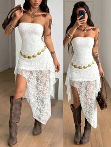 Coolane Robe asymétrique sans manches pour femmes, tenue de rue d'été Y2K, tenue de club sexy, tenue de festival de musique - Blanc - Voir 3