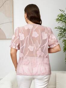 SHEIN Clasi Plus Size Women Cutout Ruffle Tie Front Blouse Tea Party Light Pink Summer - Pink - View 7