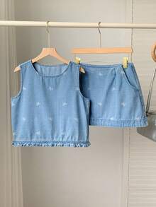 Comfortcana 女士休闲度假通勤蝴蝶结印花牛仔吊带背心和迷你裙套装，夏季 - 淺色水洗藍 - 查看 3