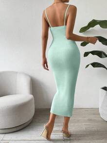 SHEIN Clasi 女士休闲纯色罗纹修身吊带毛衣连衣裙 - 薄荷綠 - 查看 2