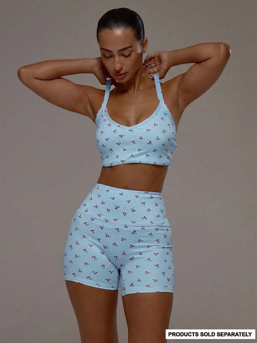 Musera Sport Áo ngực thể thao năng động, cổ khoét sâu, dây chéo, họa tiết quả anh đào, thích hợp cho tập luyện, tập gym, pilates, thể dục, mặc hàng ngày, nữ tính, thường ngày. - Màu xanh nhạt - Xem 1