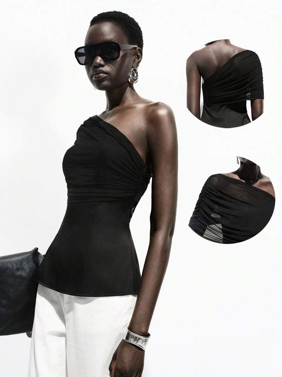SHEIN Luminelle Women's Black One Shoulder Mesh Woven Patchwork Tank Top, Ruched Sheer Overlay Fitted Camisole, Elegant Summer Top For Date Night, Party, Cocktail, Street Style And Daily Wear Asymmetrical Tops For Women Modern Tops For Women Form Fitting Top One Shoulder Top Ruched Top Black One Shoulder Top Asymmetrical One Shoulder Top Asymetrical Tops For Women - Black - View 1