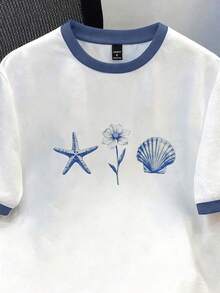 Manfinity Joysei 海岛度假风贝壳、海星和花朵印花时尚T恤，藏青色和白色撞色设计，男士标准尺码 - 白色 - 查看 2