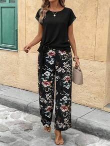 SHEIN Clasi 女士优雅简约蝴蝶结衬衫搭配印花阔腿裤两件套，适合夏季穿着 - 黑色 - 查看 6