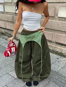 Coolane 女士夏季街头休闲外出服，采用独特的织带细节和编织面料，红色长裤，降落伞裤，宽松工装裤，女式军裤，Y2K风格裤，女士工装裤 - 軍綠色 - 查看 2
