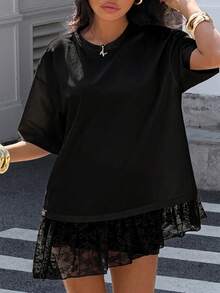 Muchica Plus Size Black Casual Loose Raglan Short Sleeve T-Shirt With Lace Patchwork - Black - View 1