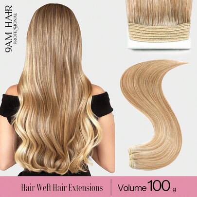 Tóc nối dệt 100% tóc người P6/613# màu nâu nhạt điểm vàng, kiểu thẳng, dài từ 14-22 inch, 100g, dệt đôi, không đường nối, chất lượng cao, dày dặn, tóc người khỏe mạnh, phù hợp cho tóc mỏng, dùng trong salon và cho mọi phụ nữ/bé gái sử dụng hàng ngày.