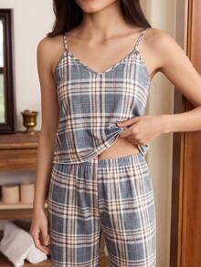 SHEIN 泡泡褶皱休闲格子印花吊带背心和裤子睡衣套装 - 彩色 - 查看 4