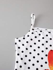 SHEIN 少女针织波点花卉图案修身吊带连衣裙，时尚百搭 - 白色 - 查看 3