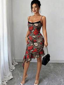 Xyvia Elegant Sexy Women's Spaghetti Strap Lace Patchwork Leopard Print Dress - Brown - View 6