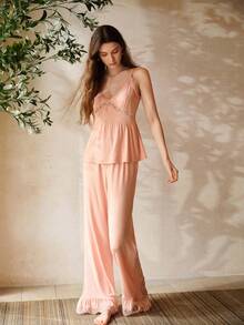 MOTF PREMIUM Conjunto de pijama de modal con parches de encaje, primavera/verano - Rosa vieja - Ver 1
