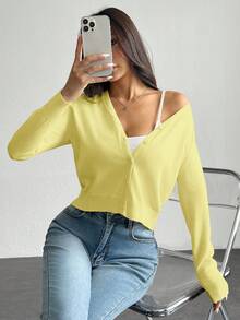 SHEIN PETITE 纯色纽扣开衫，秋冬季针织毛衣 - 淡黃色 - 查看 4