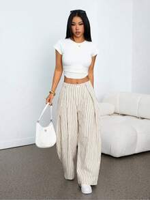 SHEIN PETITE 女士夏季复古休闲嬉皮街头风宽松军绿色裤子 - 淡黃色 - 查看 5