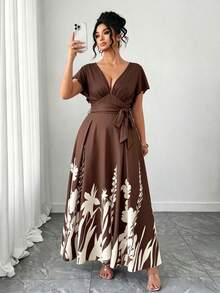 SHEIN Elenzya Đầm chữ A dáng suông cổ chữ V xếp ly, thắt nơ ở eo dành cho nữ cỡ lớn, chất liệu vải dệt họa tiết ghép mảnh, thoải mái và thời trang cho mùa xuân/hè, phù hợp cho mặc hàng ngày, đi nghỉ mát, đi làm và nhiều dịp khác. - màu nâu - Xem 6